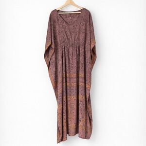Earthbound Trading Co. Boho Floral Paisley Tunic Kaftan Maxi Dress Small